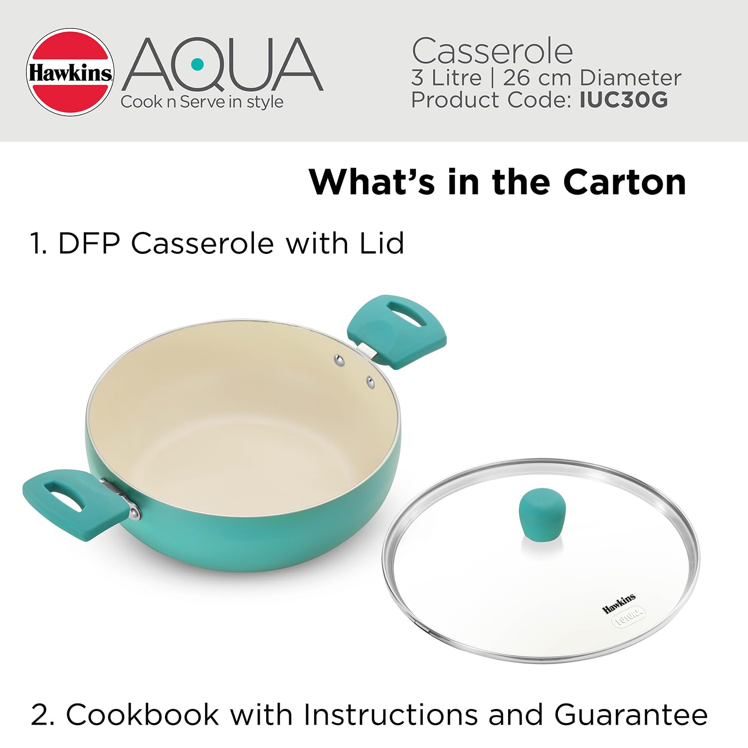 Hawkins 3 Litre Cook n Serve Casserole, Aqua Casserole with Glass Lid, Aqua Blue (IUC30G)