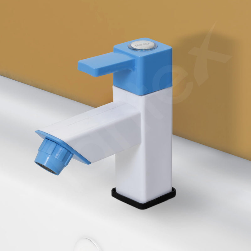 Plantex PTMT ES-113 Single Lever Pillar Painted Tap For Wash Basin With Plastic Wall Flange/Bathroom Water Tap (Blue & White)-5