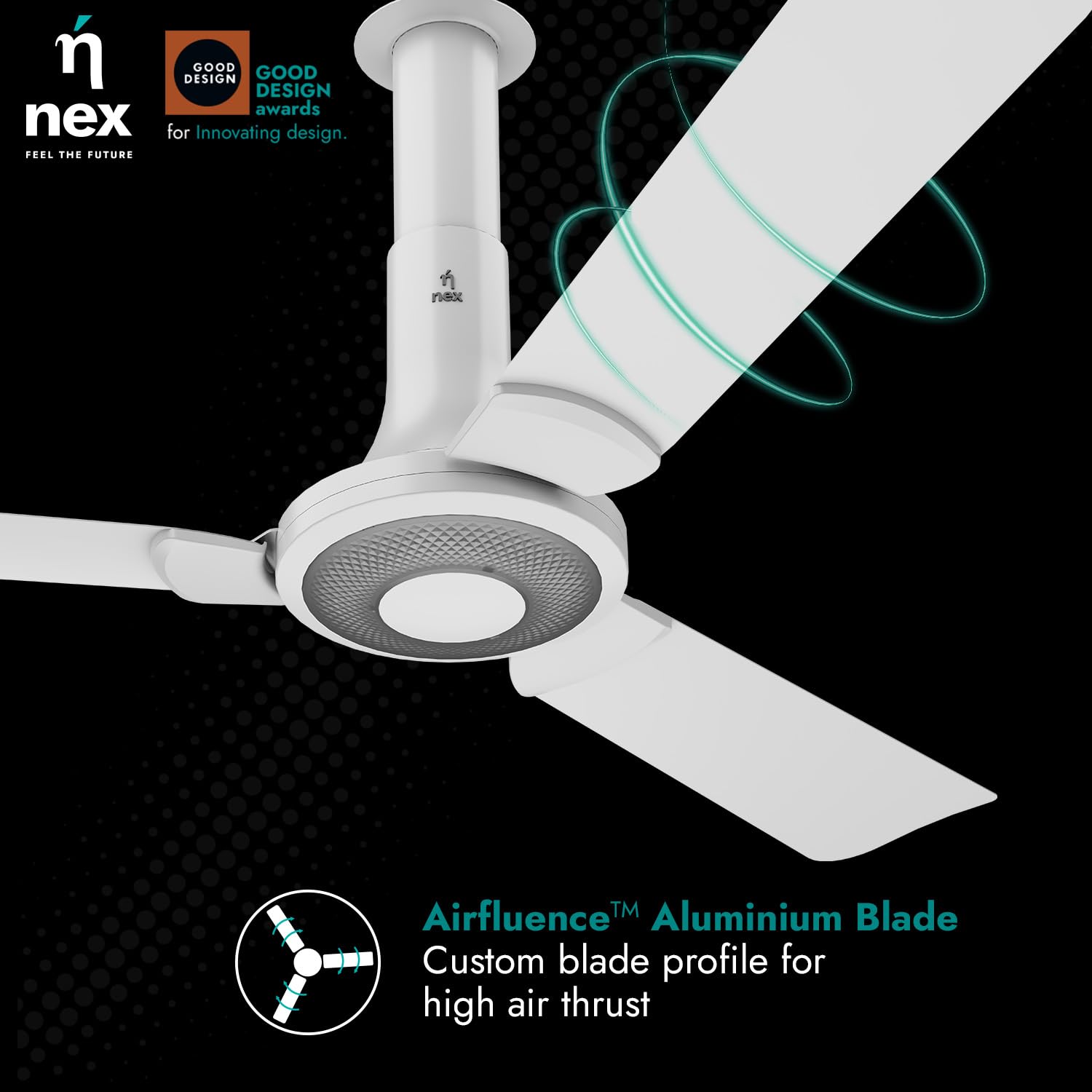 NNEX by BAJAJ Glyde A40 1200 MM | BEE 2 Star Rated Premium Ceiling Fan | 20% Higher Air Thrust* | Airfluence™ Al Blades | Adjustable Downrod | 2-Yr Warranty 【Snow White】
