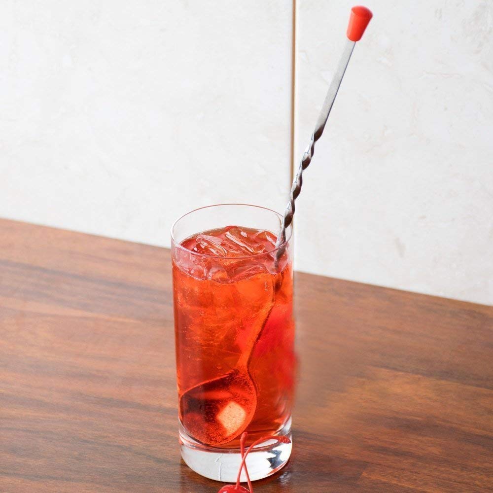 Dynore Set of 2 Stainless Steel Bar Tool | Bar Accessories | Curvy Design with red knob bar Cocktail Spoon | Bar Spoon | Long Spoon | Cocktail Mixer