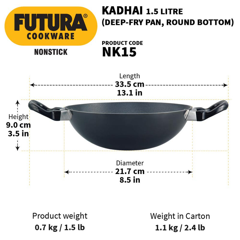 Hawkins Futura 1.5 Litre Deep Fry Pan, Non Stick Kadai, Round Bottom Kadhai, Small Non Stick Kadai, Black (NK15)