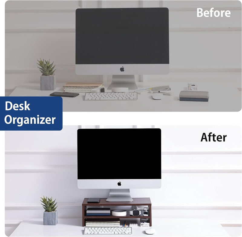 Sheesham Wood Monitor Stand - 2 Tier Computer Riser, Ergonomic Desk Organizer for Laptop Screen, Office Supplie