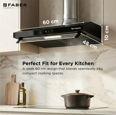 Faber Ruby Ductless 60cm 1000m³/hr Baffle Filter Chimney | LED Lighting | Touch Control | 8 Yr Motor, 2 Yr Comprehensive