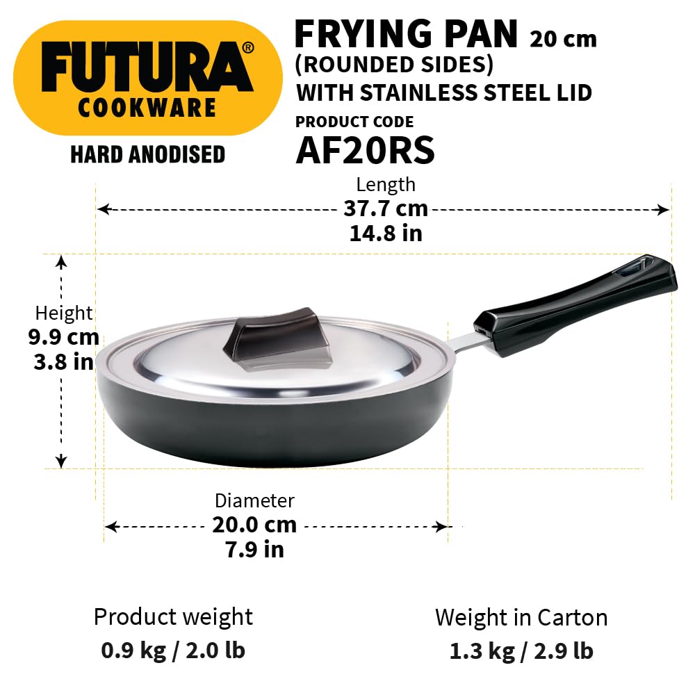 Hawkins Futura 20 cm Frying Pan, Hard Anodised Fry Pan with Stainless Steel Lid with Extra Height and Rounded Sides, Black (AF20RS)