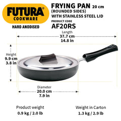 Hawkins Futura 20 cm Frying Pan, Hard Anodised Fry Pan with Stainless Steel Lid with Extra Height and Rounded Sides, Black (AF20RS)
