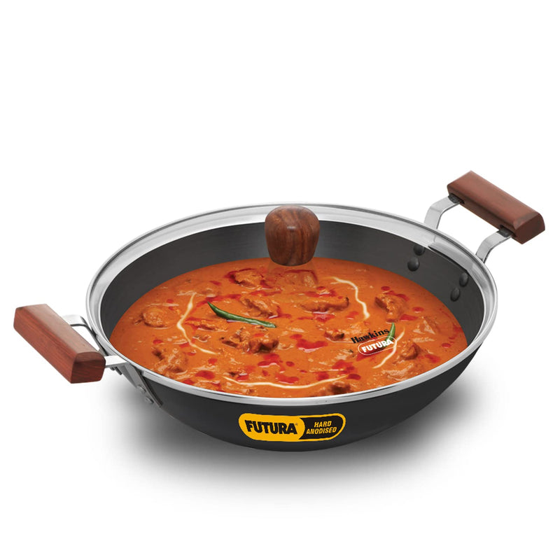 Hawkins Futura 2 Litre Deep Fry Pan, Hard Anodised Kadai with Glass Lid, Flat Bottom Kadhai, Black (AD20G)