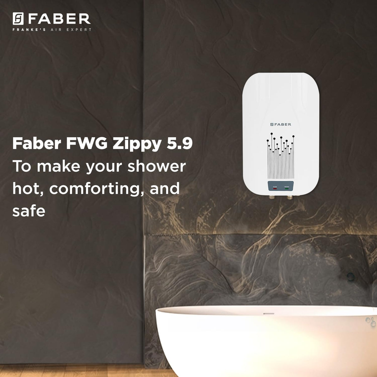 Faber Zippy Instant Geyser 5.9 Litre| 3000W | Free Pipe & Installation | Energy Efficient |5Yr Tank, 3Yr Heating Element