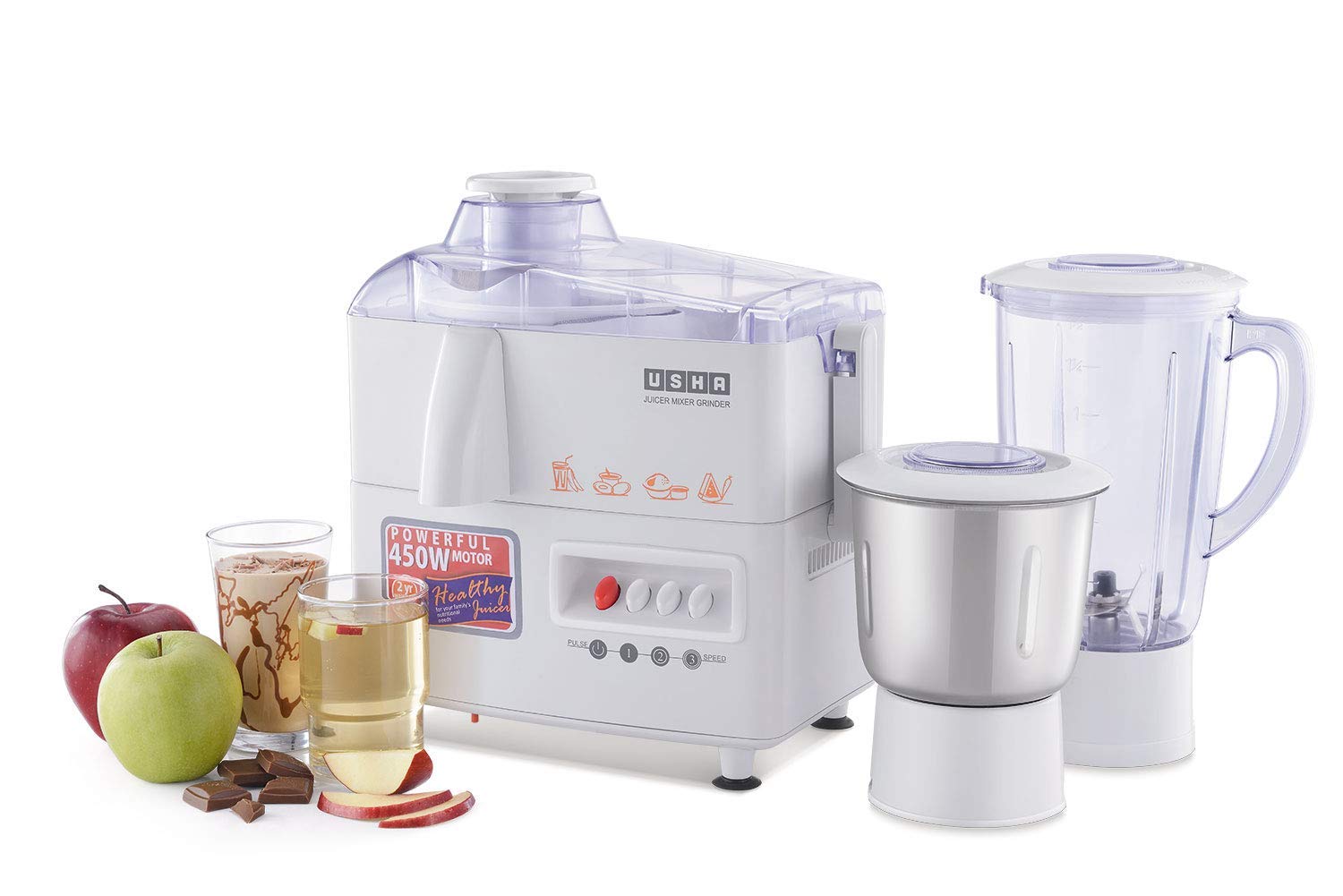 USHA Cook Joy (3616) 1600-Watt Copper Sealed Induction Cooktop (Black) & 3345 450-Watt Juicer Mixer Grinder with 2 Jars (White)