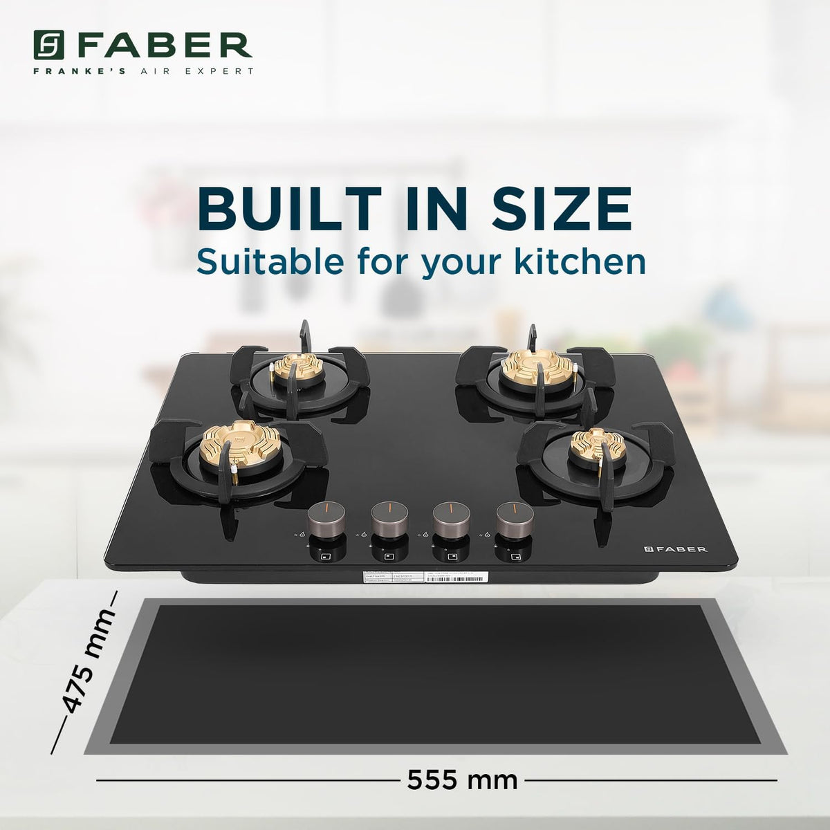 Faber 4 Burner 70cm Hobtop|Auto-Ignition |Metal Knobs|Cast Iron Pan Support |Hob/Cooktop Hybrid| Black Glass Finish |5 Y