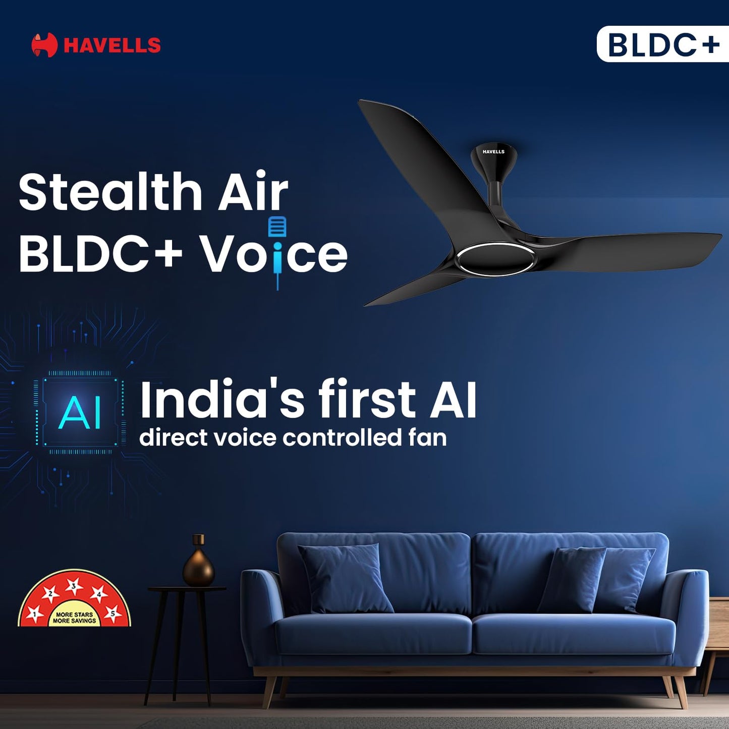 Havells 1200mm Stealth BLDC Ceiling Fan | Voice Controlled, Remote Controlled, High Air Delivery Fan, 5 Star Rated | Upto 60% Energy Saving, 2 Year Warranty | (Pack of 1, Mettalic Black)