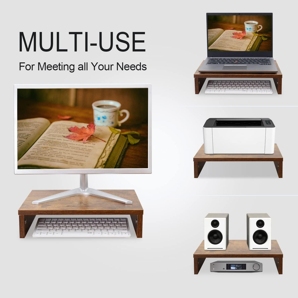 14.2 inch Monitor Stand Riser, Rustic Brown Wood Monitor Riser with Storage for Desk Small Monitor Stand TV/Scr