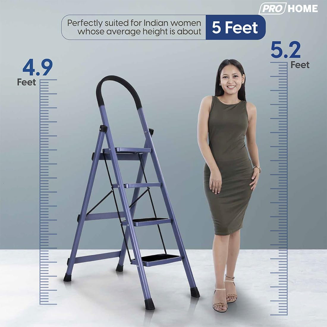 PROHOME Steel Ladder for Home 4 Steps Foldable with Anti-Skid Wide Steps (30cm x 20cm) | 4 Step Ladder for Home Use with D-Shape Rods | Secure Lock | 150 Kg Capacity Folding Ladder | 5 Year Warranty