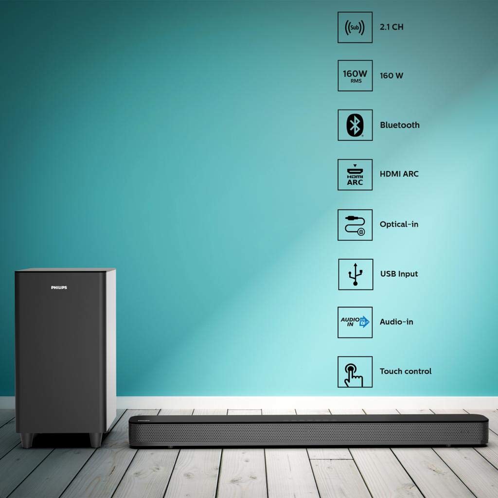 Philips Audio HTL8162 2.1 Channel 160W Bluetooth Soundbar with Wireless Subwoofer, HDMI ARC, Metal Grille
