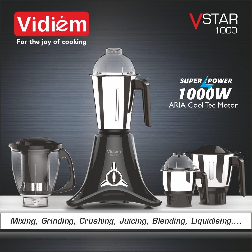 Vidiem Mixer Grinder 618 A VSTAR 1000 watt (Black) with 3 Leakproof Jars & 1 Juicer Mixer Grinder | self-lock for wet & 