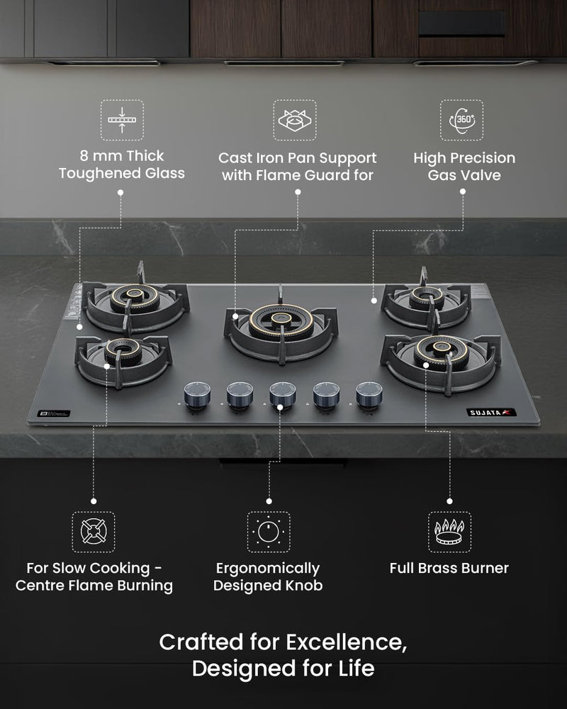 Sujata 5 Burner Gas Stove Glass Top | 5 Years Warranty | Gas Chulha, Auto Ignition Gas Stove, CookTop cum Hob Top, LPG & PNG Compatible, Brass Burner (Palladium FFD Auto Ignition Black)
