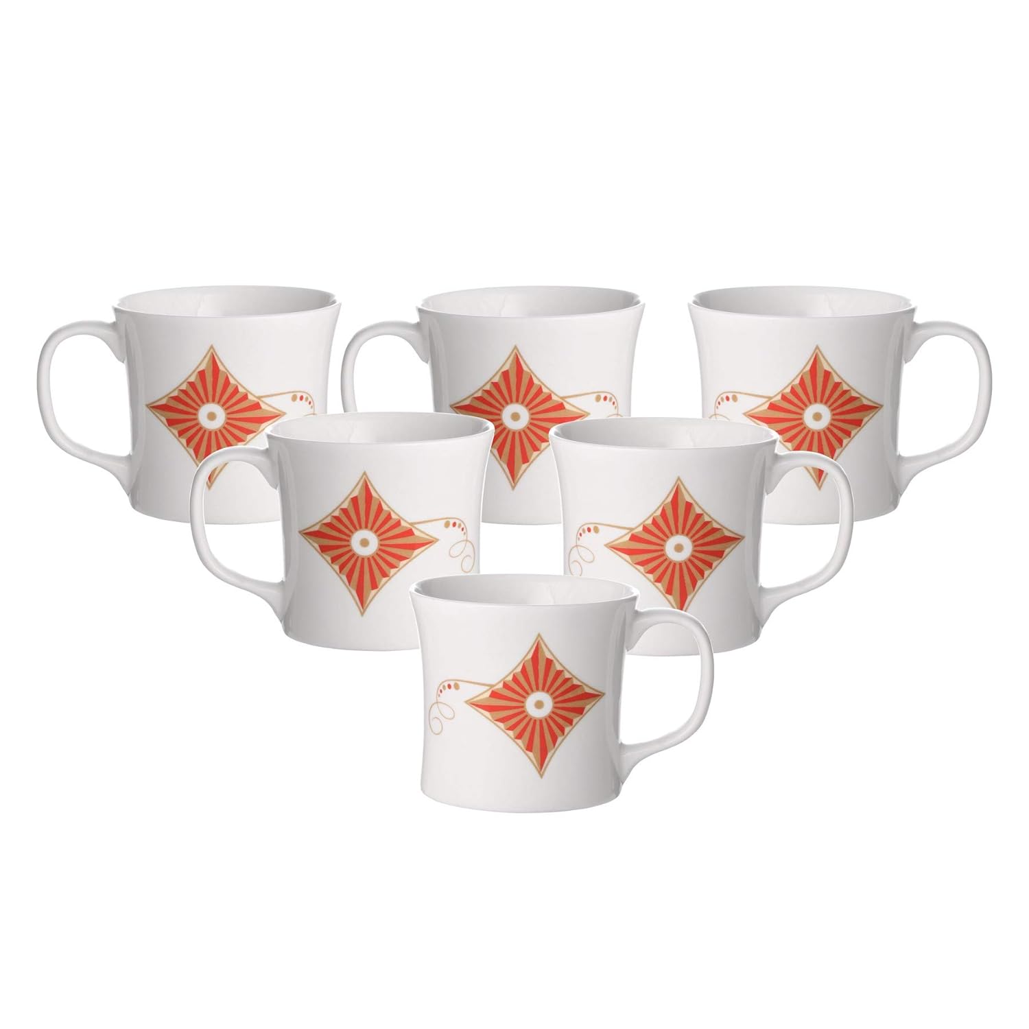 Clay Craft Multicolor Tea/Coffee Cup/Mugs (Set of 6), Ceramic Tea Cups, Tea Cup Set of 6, Mugs for Coffee, Cups Set of 6, Mug Set, Gift Set, Ideal for Gifting (Sunburst Kite Print Gold Line)