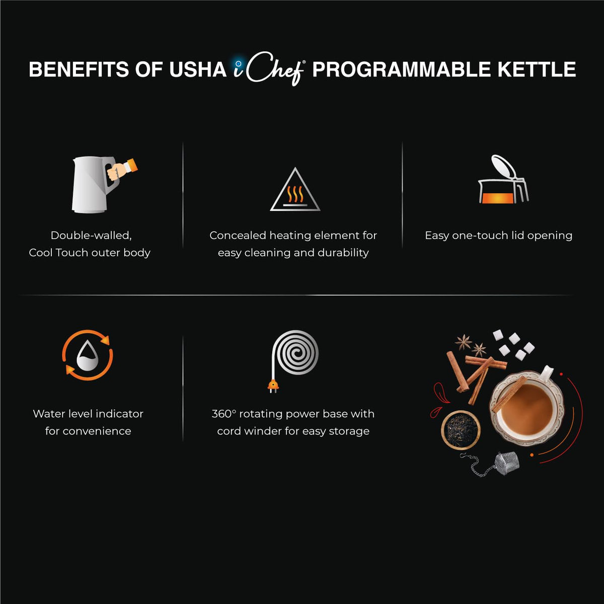 Usha ICHEF Programmable Kettle 2000 Watt| 1.5L | Digital LED Display & Touch control | Double wall for protection from hot exterior| 4 Pre-set modes| Safety with auto cut off | 2 Years Warranty(Black)