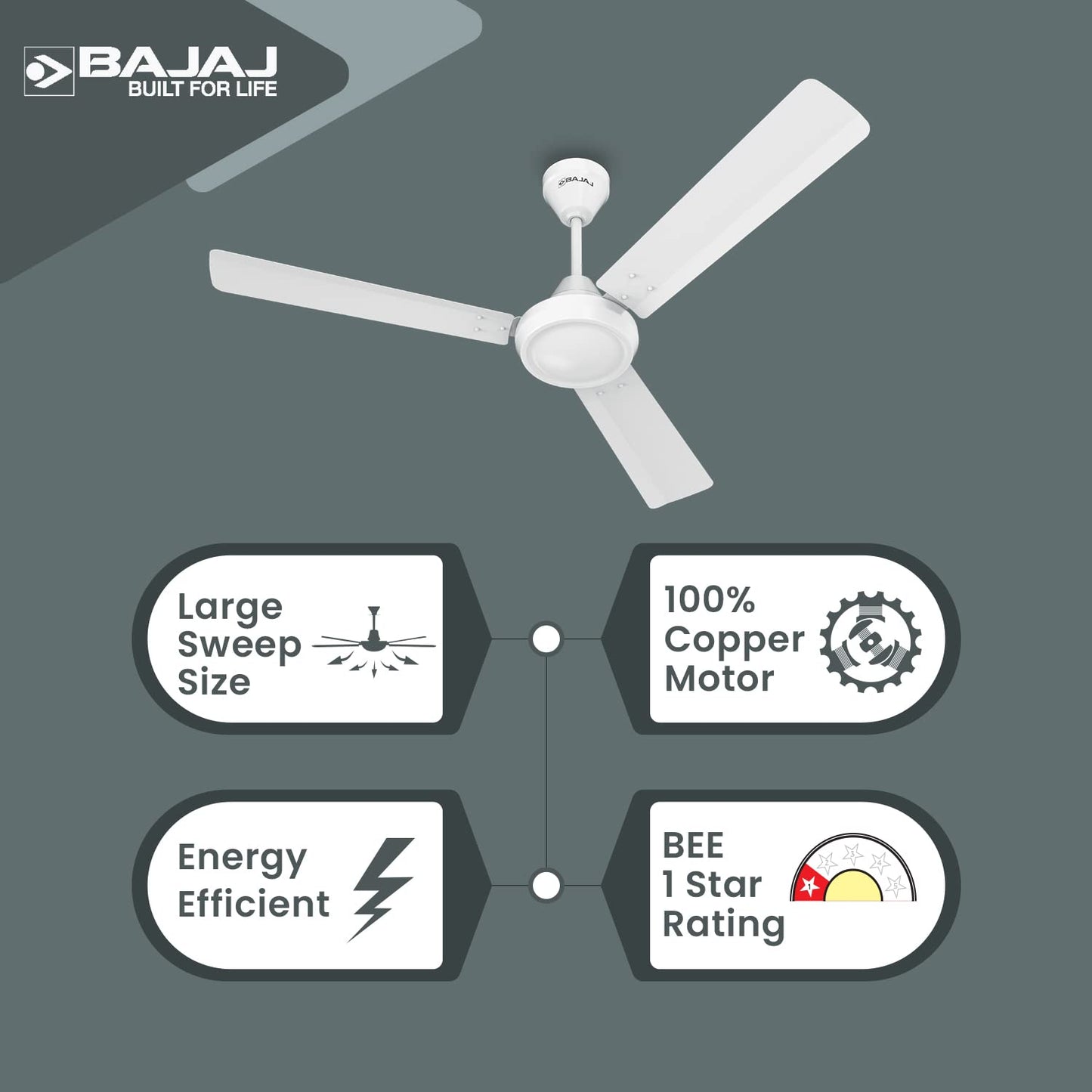 Bajaj Robusta 12S1 1200MM 1 Star Rated Ceiling Fans For Home | BEE Stars Rated Energy Efficient Ceiling Fan | High Air Delivery | 2 Years Warranty 【Base White】