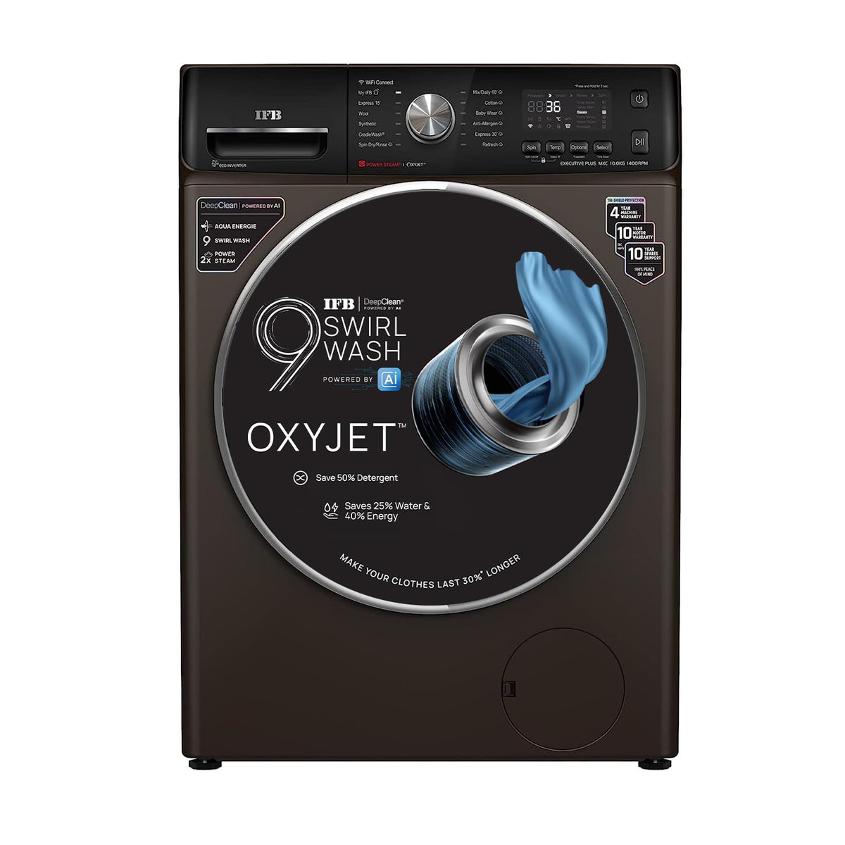 IFB 10 Kg 5 Star AI Eco Inverter Fully Automatic Front Load Washing Machines with Wifi (Executive Plus MXC 1014, Mocha, 