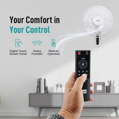 KUHL Inspira W1 400mm Power Saving BLDC Wall Fan with Remote | 28 W | Touch Screen Control Panel with Digital Display | Tilt Mechanism & Swivel Function | Wall Mount | High Air Flow & Low Noise|white