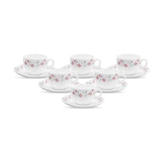 La Opala Diva, Opal Glass Crockery | Cup & Saucer Iris Large, Set of 12 | Grace Red, 220 ml | for Tea & Coffee | Microwave Safe | 100% Vegetarian | Extra Strong | Super Light | Super White