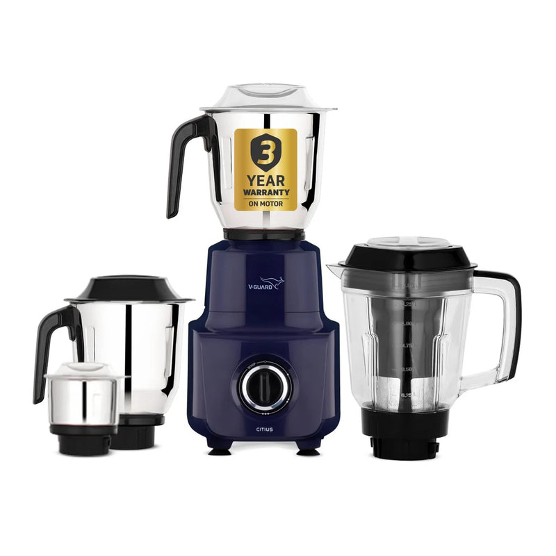 V-Guard Citius 750 Watt Juicer Mixer Grinder (New Launch) | 3-Year Motor Coverage | 4 Jars | Juicer, Wet, Chutney & Dry | Juicer Jar With Quadraflow Design | SS Blades | Blue