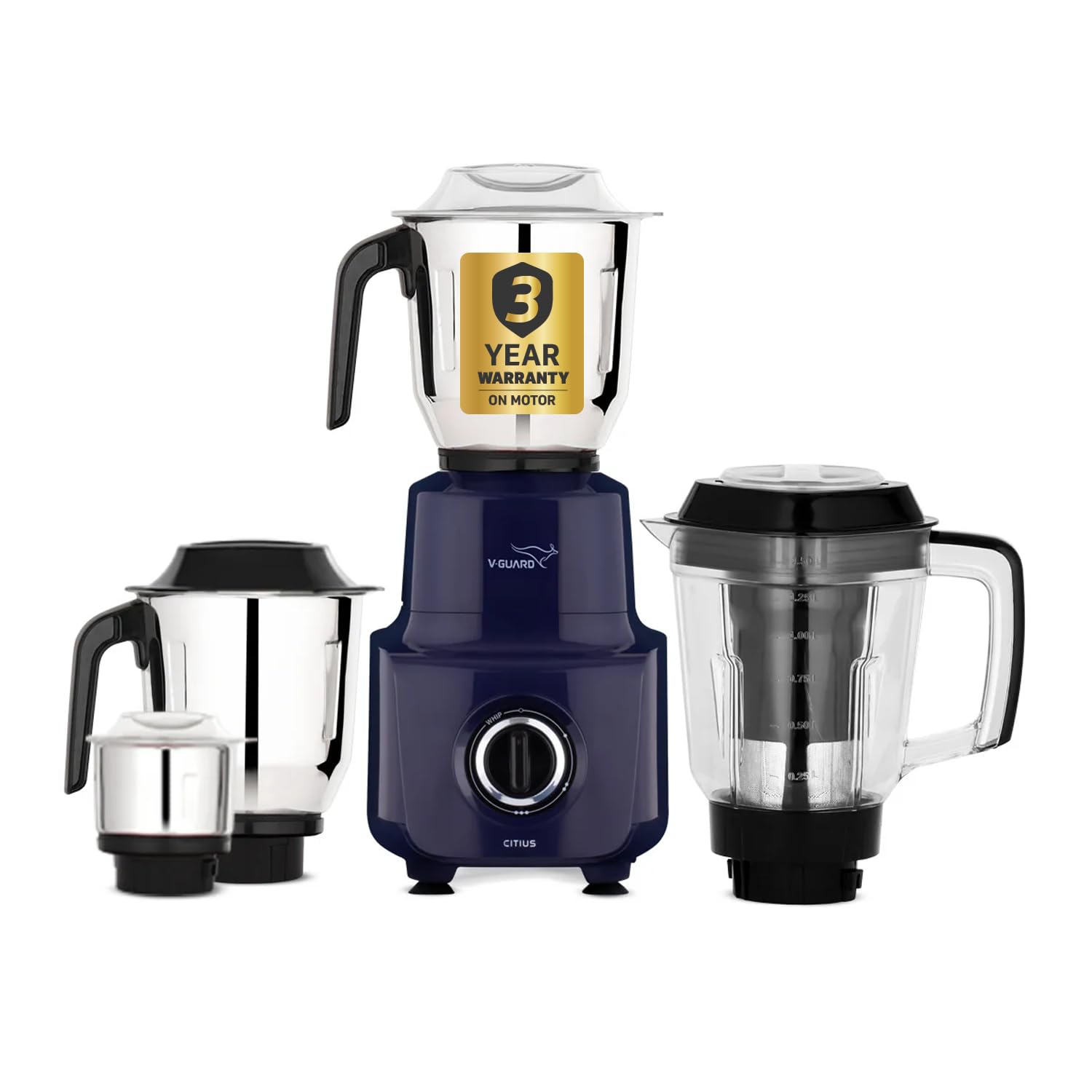 V-Guard Citius 750 Watt Juicer Mixer Grinder (New Launch) |3 Year Motor Coverage by V-Guard | 4 Jars | Juicer, Wet, Chutney & Dry| Sturdy Juicer Jar | Precision Blend SS Blades | Black