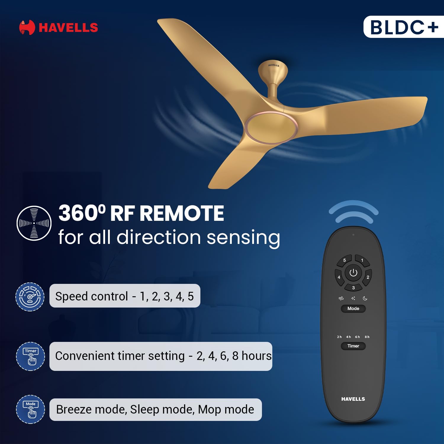 Havells 1200mm Stealth Air BLDC Motor Ceiling Fan | Remote Controlled, High Air Delivery Fan | 5 Star Rated, Upto 60% Energy Saving, 2 Year Brand Warranty | (Pack of 1, Champagne)