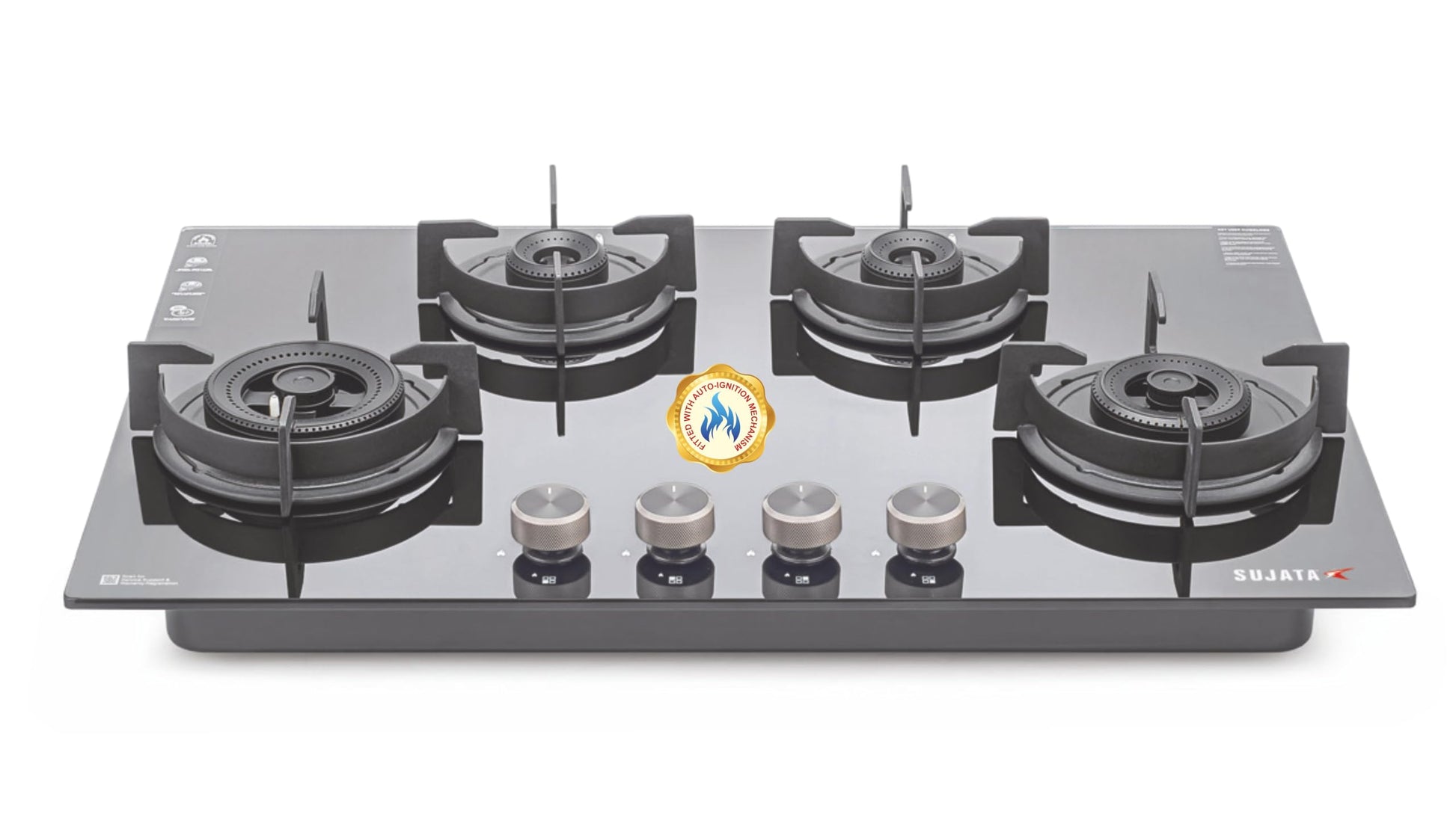 Sujata 5 Burner Gas Stove Glass Top | 5 Years Warranty | Gas Chulha, Auto Ignition Gas Stove, CookTop cum Hob Top, LPG & PNG Compatible, Brass Burner (Palladium FFD Auto Ignition Black)