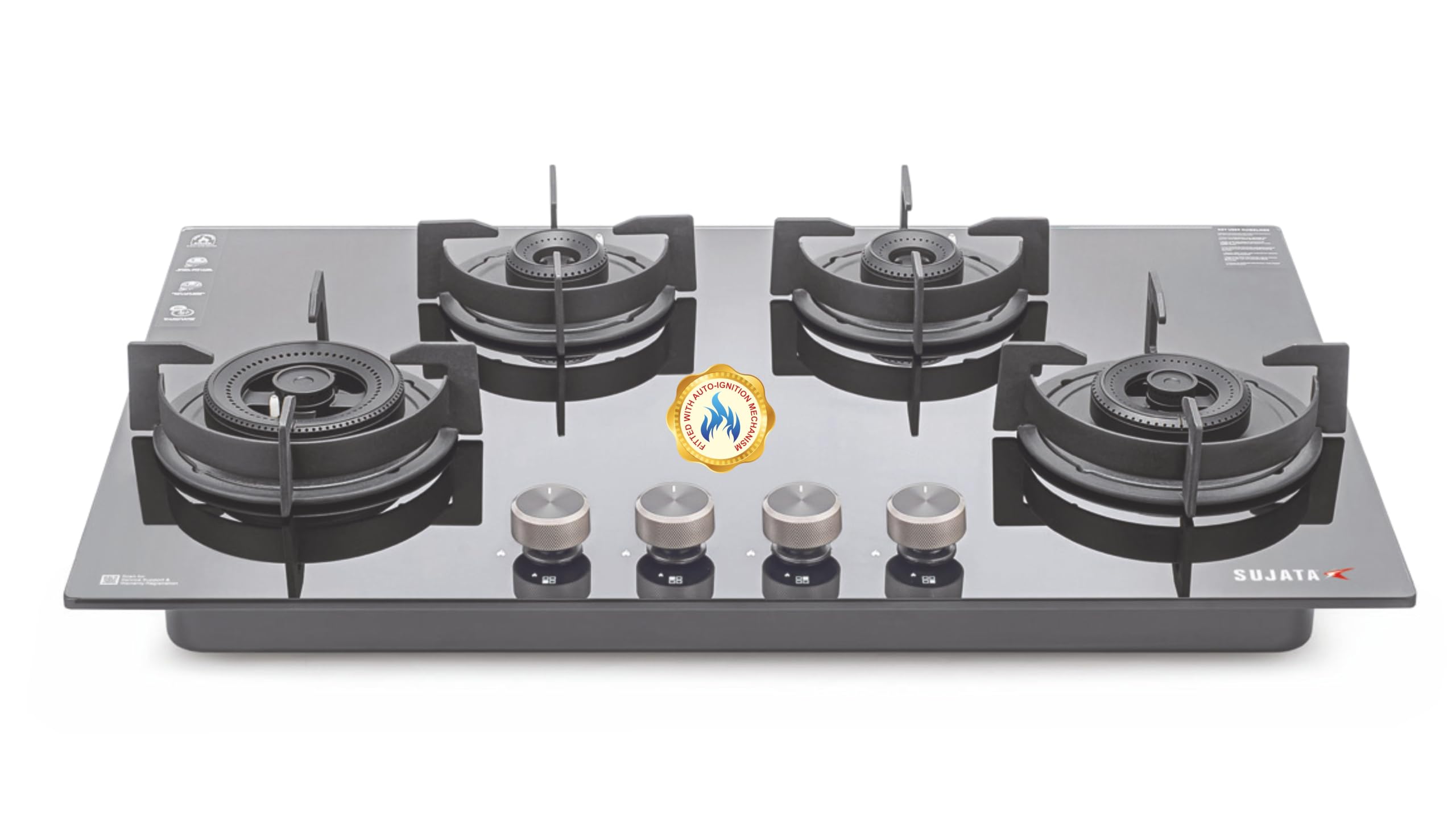 Sujata 5 Burner Gas Stove Glass Top | 5 Years Warranty | Gas Chulha, Auto Ignition Gas Stove, CookTop cum Hob Top, LPG & PNG Compatible, Brass Burner (Palladium FFD Auto Ignition Black)