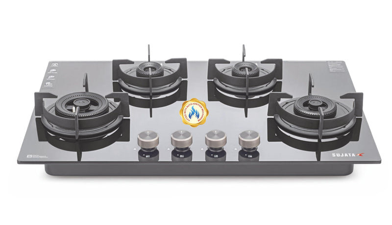 Sujata Hob Gas Stove 4 Burners Glass Top | 5 Years Warranty | 4 Burner Gas Stove Glass Top Auto Ignition, CookTop cum Hob Top, LPG & PNG Compatible, Brass Burner(Palladium FFD Auto Ignition - Black)