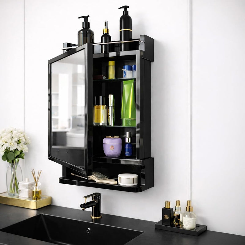 HOUZA Premium Look Plastic Wall Mounted Bathroom Mirror Cabinet with Storage | Waterproof Storage Organizer with Shelves | Bathroom Accessories (White)
