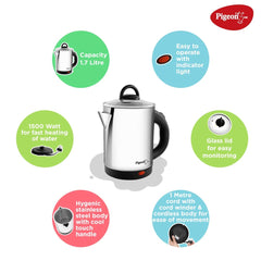 Pigeon Quartz Electric Kettle 1.7 Litre, 1500 watts, Stainless Steel Body, Used for Boiling Water, Making Tea and Coffee