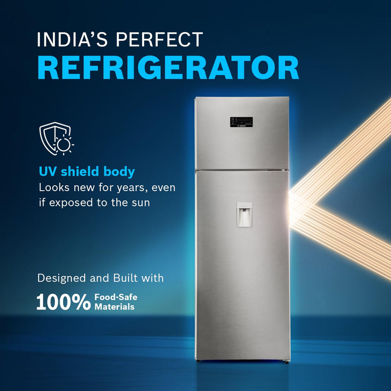 Bosch 368L, 1 Star, Frost Free Double Door Refrigerator with 2.5 L Water Dispenser | 6-in-1 Convertible Storage Modes | Fresh up to 10 Days | Touch Panel | 2 Cooling System (CTC39S21AI, Steel, 2026)