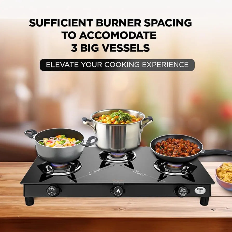 Preethi Bluflame Sparkle Power Duo 3 Burner Glass top Gas Stove with Power Burner and Swirl flame technology, saves gas and cooks faster, Manual Ignition, Black