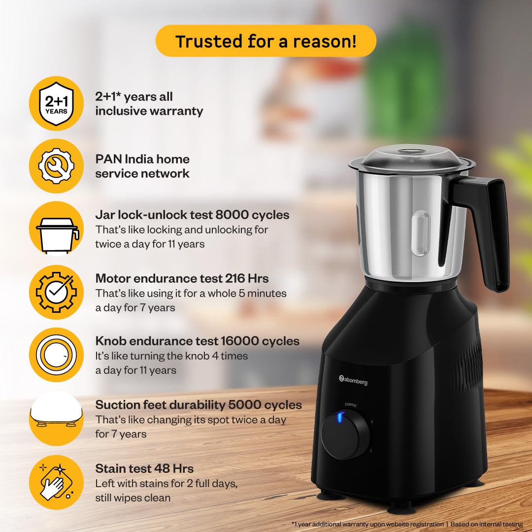 Atomberg Xiana 750 Watt Mixer Grinder | 3 Multipurpose Stainless Steel Jars | Coarse Mode for Silbatta-like Textures | Powerful Intelligent Motor | Easy Fault LED Indication | Gloss Black