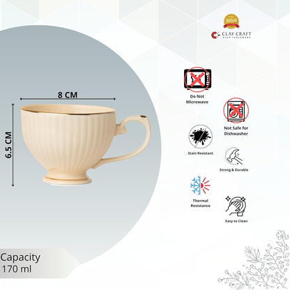 Clay Craft Fine Ceramic Julie Impression Cup & Saucer Set of 12 (6 Cups+6 Saucers)- 170 Ml Each- Elegant Design for Home and Kitchen and Can Be Gifted to Your Loved Ones On Any Occassions (IVORY1401)