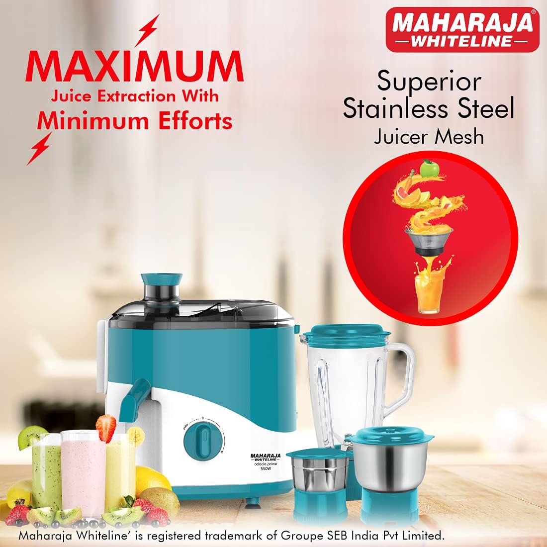 Maharaja Whiteline Odacio Prime Juicer Mixer Grinder with 3 Jars, Motor, Superior Stainless Steel Mesh, High Grade Plastic Lid for More Durability, 2 Year Warranty (Blue & White)