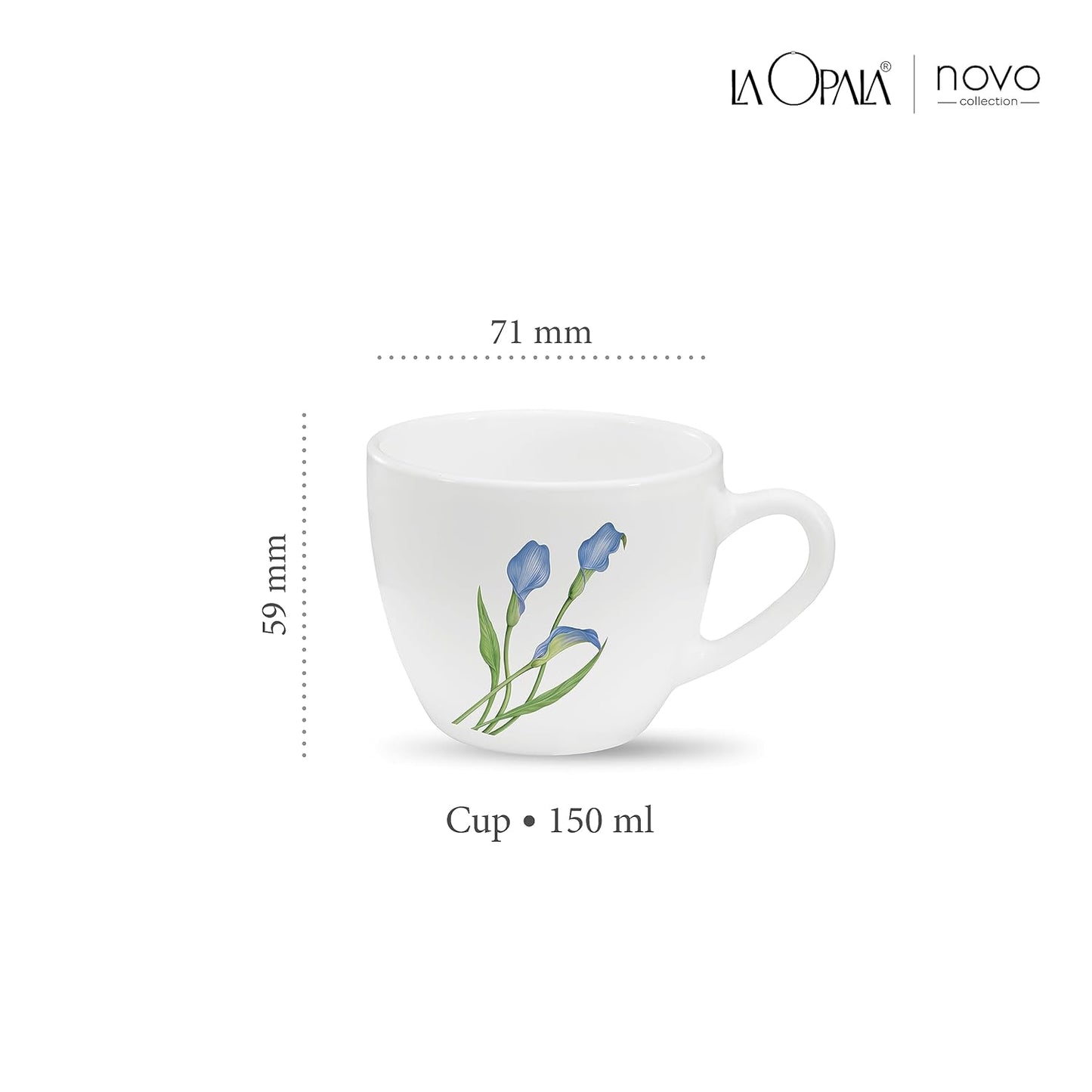 La Opala, Novo Collection Opal Glass Crockery | Cup Lily, Set of 6 | Tender Trio, 150 ml | for Tea & Coffee | Microwave Safe | 100% Vegetarian | Toughened Extra Strong | Super Light | Super White
