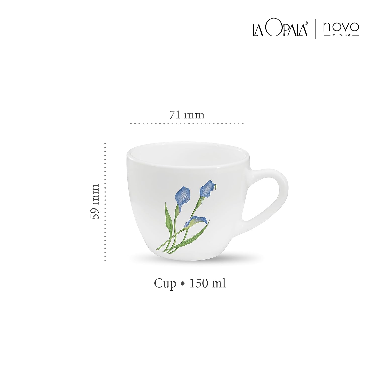 La Opala, Novo Collection Opal Glass Crockery | Cup Lily, Set of 6 | Tender Trio, 150 ml | for Tea & Coffee | Microwave Safe | 100% Vegetarian | Toughened Extra Strong | Super Light | Super White