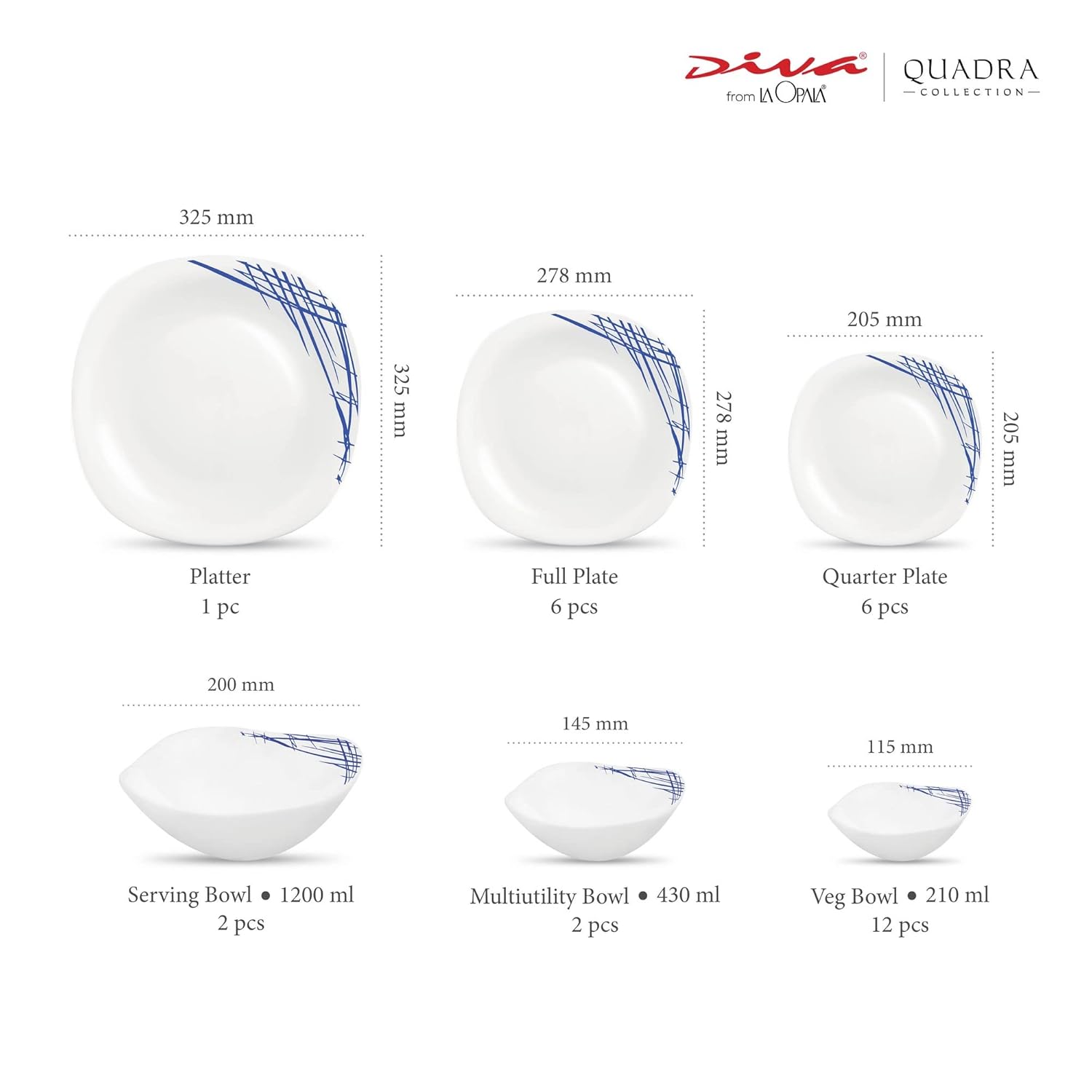 Diva La Opala, Quadra Collection, Opal Glass Floral Dinner Set 29 Pcs, Belladonna, White