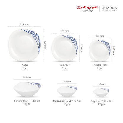 Diva La Opala, Quadra Collection, Opal Glass Floral Dinner Set 29 Pcs, Belladonna, White