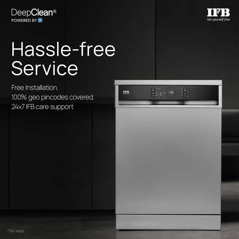 IFB 15 Place Freestanding Dishwasher with DeepClean® Technology, 3rd Cutlery Tray, 70°C Hot Water Wash, Turbo Drying, An