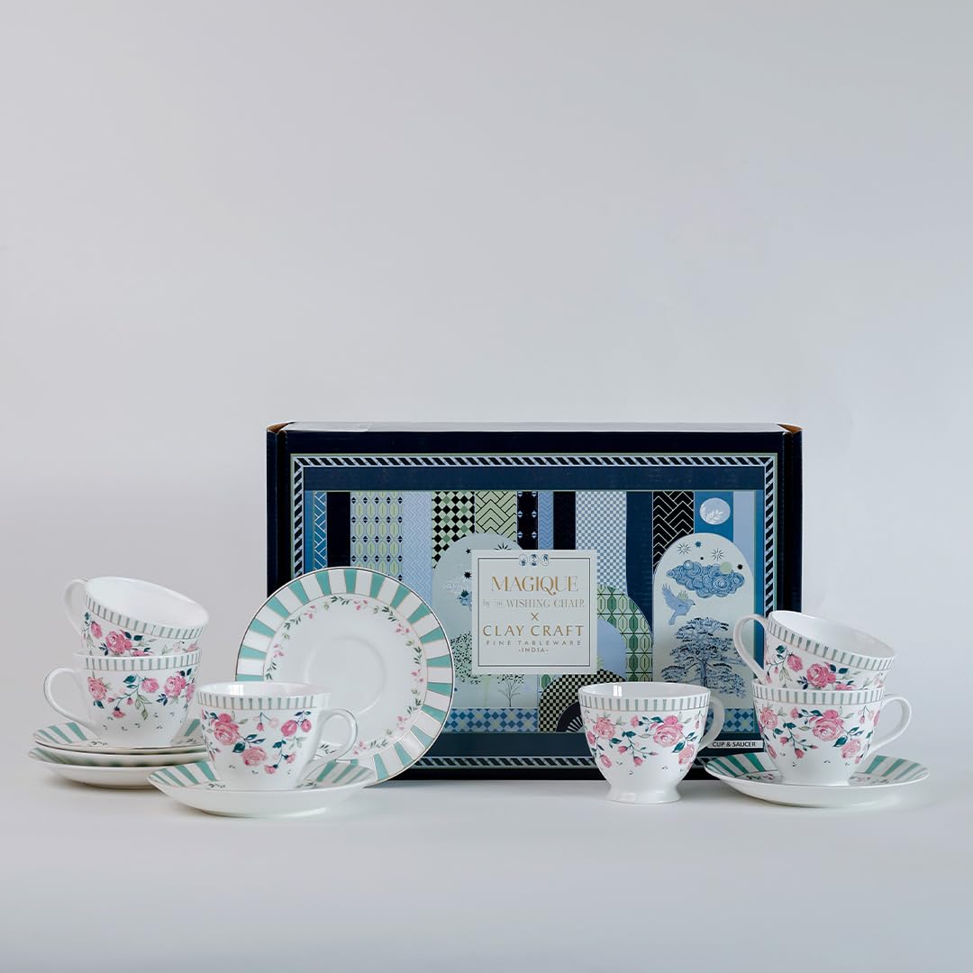 Magique by The Wishing Chair x ClayCraft : Portrait of a Rose Tea Cups & Saucers Set of 6 | 180 ml Fine Ceramic Floral Cups | Elegant Glossy Finish | Ideal for Gifting & Home Use