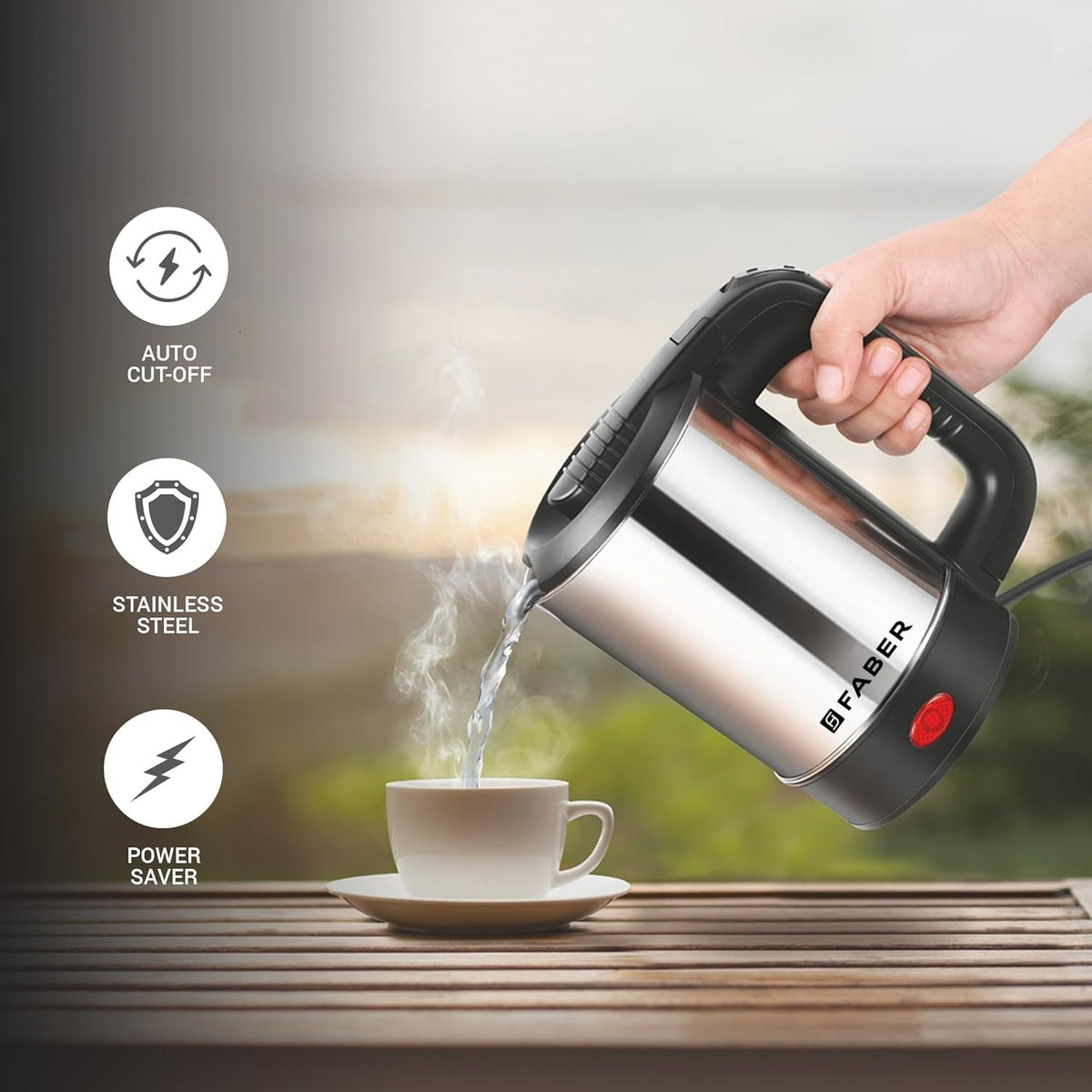 Faber Electric Water Kettle | 0.5L | 550W | Free 2 Cups | 3X Protection - Auto Off, Dry Boil, Overheating | SS Body | 36