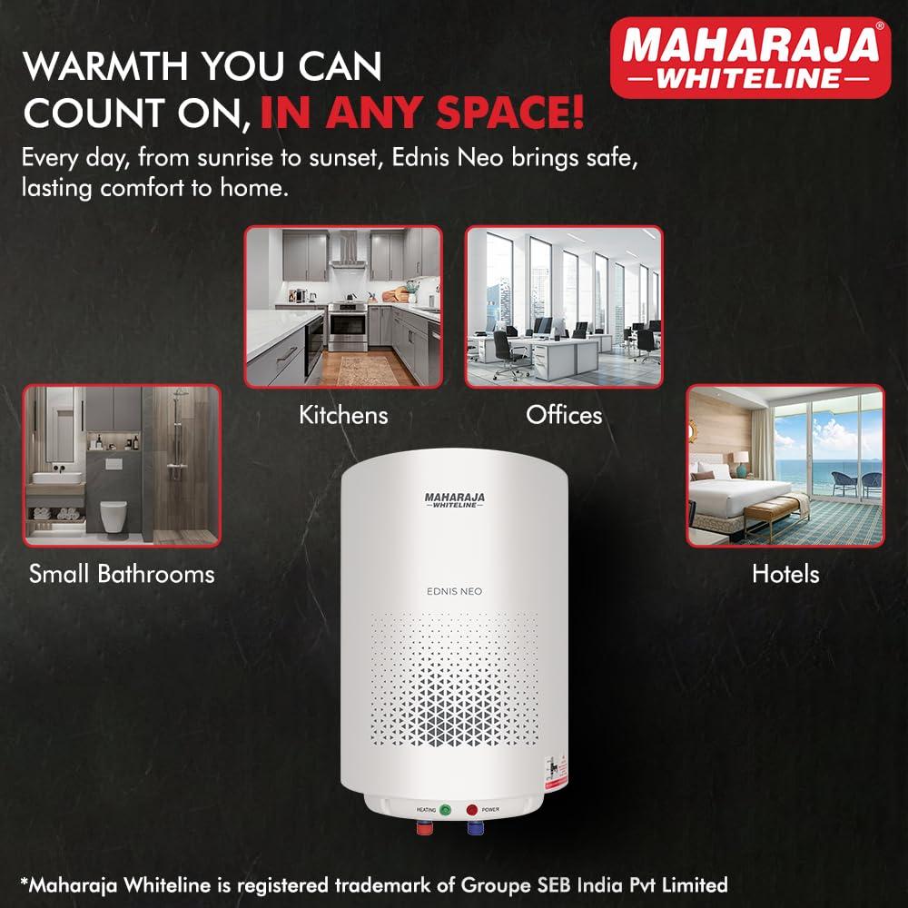 Maharaja Whiteline Energy Efficient Water Heater EDNIS NEO 25L | 4-Star Rated with Polymer-Coated Inner Tank, Smart Inlet Diffuser & Durable Metal Body | Long-Lasting Design with 5-Year Tank Warranty