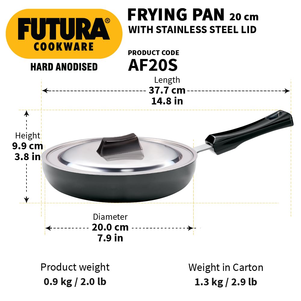 Hawkins Futura 20 cm Frying Pan, Hard Anodised Fry Pan with Stainless Steel Lid, Small Frying Pan, Black (AF20S)