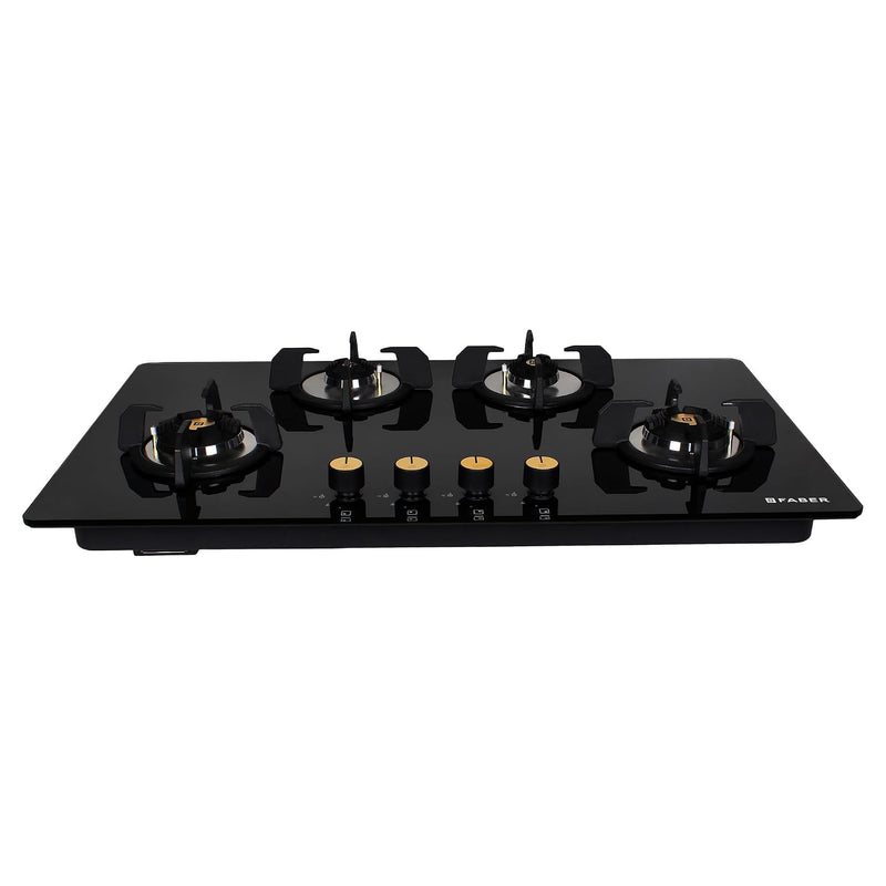 Faber Hob/Hobtop 4 Brass Burner Auto Ignition Glass Top Gas Stove(Maxus HT904 CRS BR CI AI) Black