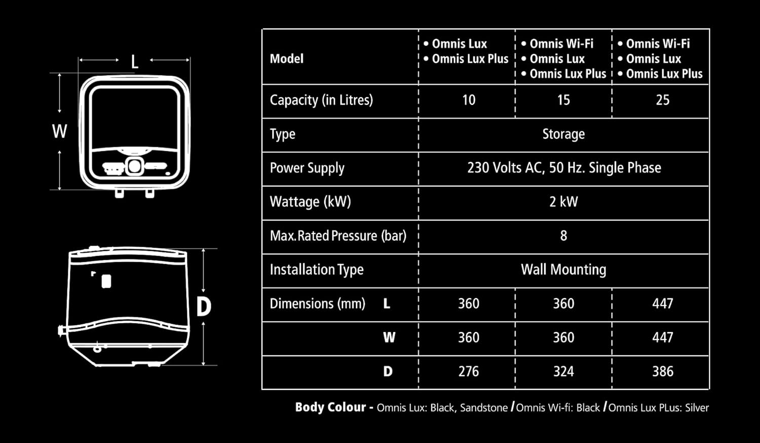 Racold Omnis LUX 10LTR VERTICAL 4 Star WATER HEATER (White Body with Black PANEL)