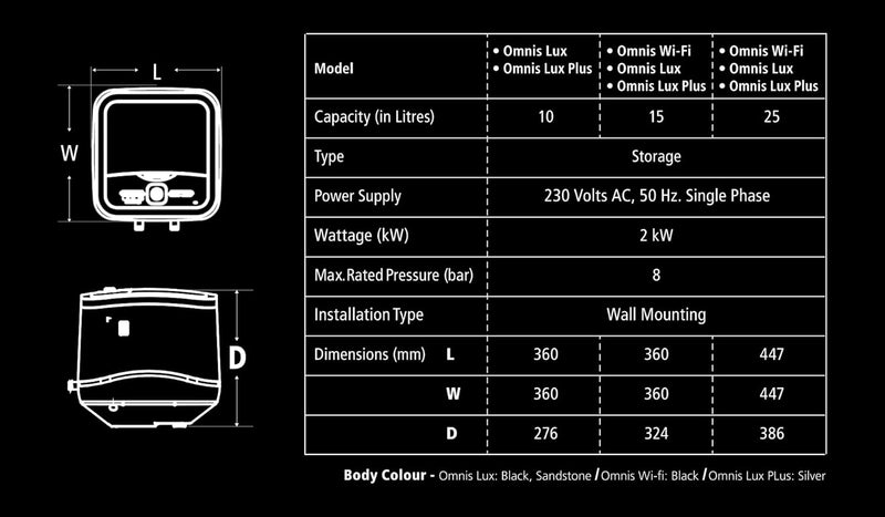 Racold Omnis LUX 10LTR VERTICAL 4 Star WATER HEATER (White Body with Black PANEL)